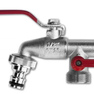 Kerti csap nikkelezett sárgaréz 1/2″, golyós, bekötés 2×3/4″, kuplungos tömlővég